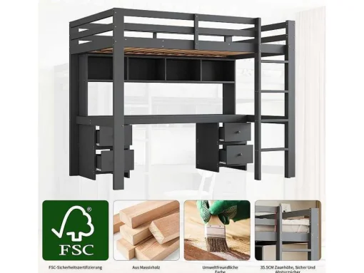 Hoogslaper 90 X 200 Cm Met Bureau, Boekenkast, Lades En Ladder, Mdf Hout, Grijs