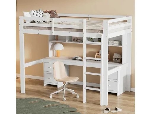 Hoogslaper 90 X 200 Cm Met Bureau, Boekenkast, Lades En Ladder, Mdf Hout, Wit