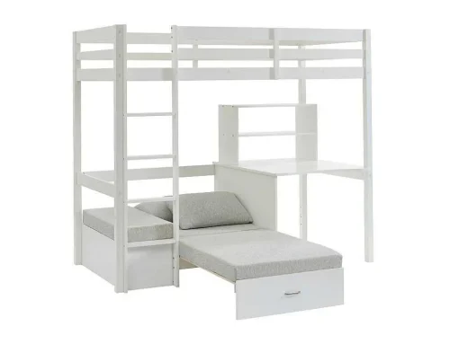 Hoogslaper 90 X 200 Cm Met Bureau, Slaapbank En Opbergruimte - Massief Grenen - Gebleekt + Matras - Goliath Iii
