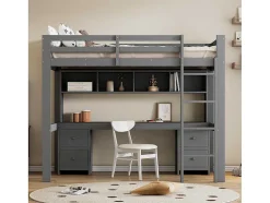 Hoogslaper 90 X 200 Cm Met Bureau, Boekenkast, Lades En Ladder, Mdf Hout, Grijs