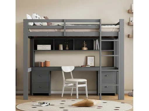 Hoogslaper 90 X 200 Cm Met Bureau, Boekenkast, Lades En Ladder, Mdf Hout, Grijs
