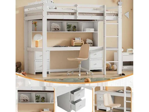 Hoogslaper 90 X 200 Cm Met Bureau, Boekenkast, Lades En Ladder, Mdf Hout, Wit