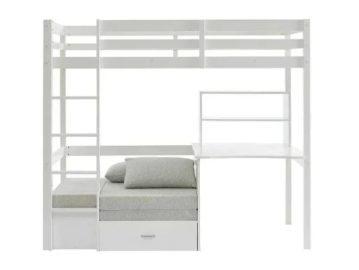 Hoogslaper 90 X 200 Cm Met Bureau, Slaapbank En Opbergruimte - Massief Grenen - Gebleekt + Matras - Goliath Iii