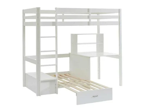 Hoogslaper 90 X 200 Cm Met Bureau, Slaapbank En Opbergruimte - Massief Grenen - Gebleekt + Matras - Goliath Iii