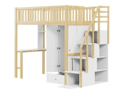 Hoogslaper 90 X 200 Cm Met Grote Kledingkast, Bureau, Boekenkast, Trap En Lades, Alles-In-Een, Mdf Hout, Wit + Eiken