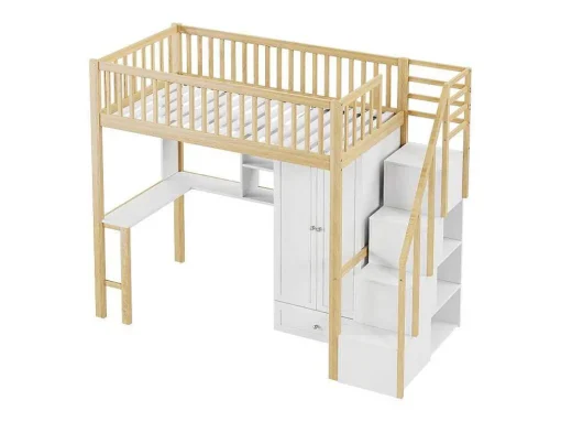 Hoogslaper 90 X 200 Cm Met Grote Kledingkast, Bureau, Boekenkast, Trap En Lades, Alles-In-Een, Mdf Hout, Wit + Eiken