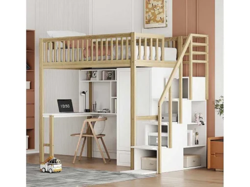 Hoogslaper 90 X 200 Cm Met Grote Kledingkast, Bureau, Boekenkast, Trap En Lades, Alles-In-Een, Mdf Hout, Wit + Eiken