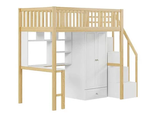 Hoogslaper 90 X 200 Cm Met Grote Kledingkast, Bureau, Boekenkast, Trap En Lades, Alles-In-Een, Mdf Hout, Wit + Eiken