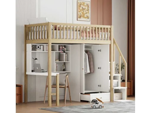Hoogslaper 90 X 200 Cm Met Grote Kledingkast, Bureau, Boekenkast, Trap En Lades, Alles-In-Een, Mdf Hout, Wit + Eiken