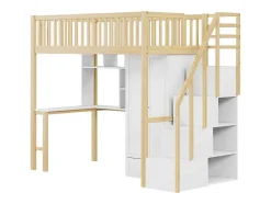 Hoogslaper 90 X 200 Cm Met Grote Kledingkast, Bureau, Boekenkast, Trap En Lades, Alles-In-Een, Mdf Hout, Wit + Eiken
