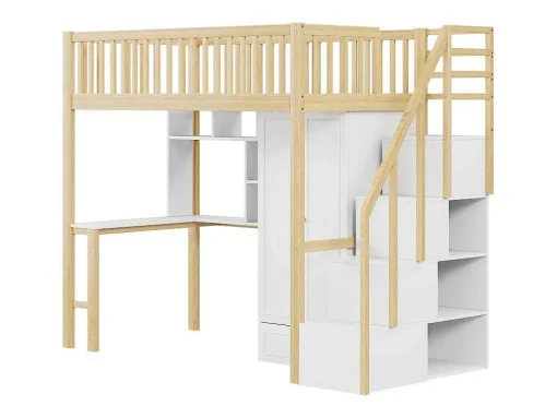 Hoogslaper 90 X 200 Cm Met Grote Kledingkast, Bureau, Boekenkast, Trap En Lades, Alles-In-Een, Mdf Hout, Wit + Eiken