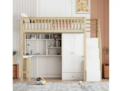 Hoogslaper 90 X 200 Cm Met Grote Kledingkast, Bureau, Boekenkast, Trap En Lades, Alles-In-Een, Mdf Hout, Wit + Eiken