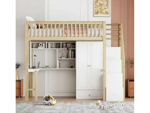 Hoogslaper 90 X 200 Cm Met Grote Kledingkast, Bureau, Boekenkast, Trap En Lades, Alles-In-Een, Mdf Hout, Wit + Eiken