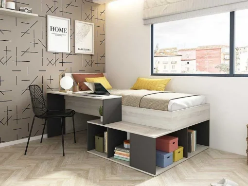 Hoogslaper 90 X 200 Cm Met Opbergruimte En Bureau - Kleur: Naturel En Antraciet - Rigali