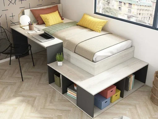Hoogslaper 90 X 200 Cm Met Opbergruimte En Bureau - Kleur: Naturel En Antraciet - Rigali