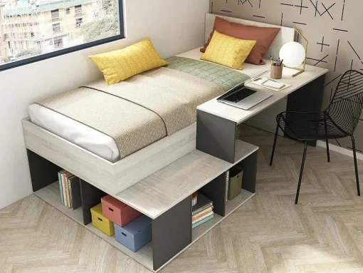 Hoogslaper 90 X 200 Cm Met Opbergruimte En Bureau - Kleur: Naturel En Antraciet - Rigali