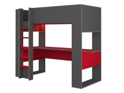 Hoogslaper Gamer Noah Met Bureau En Opbergruimtes - 90 X 200 Cm - Met Led'S - Antraciet En Rood + Matras