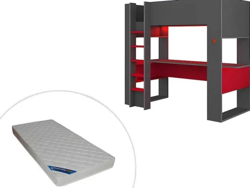 Hoogslaper Gamer Noah Met Bureau En Opbergruimtes - 90 X 200 Cm - Met Led'S - Antraciet En Rood + Matras