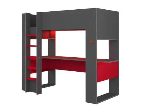 Hoogslaper Gamer Noah Met Bureau En Opbergruimtes - 90 X 200 Cm - Met Led'S - Antraciet En Rood