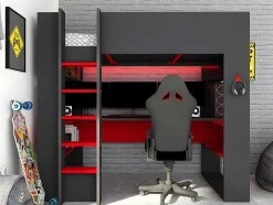 Hoogslaper Gamer Noah Met Bureau En Opbergruimtes - 90 X 200 Cm - Met Led'S - Antraciet En Rood + Matras