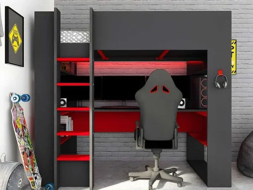 Hoogslaper Gamer Noah Met Bureau En Opbergruimtes - 90 X 200 Cm - Met Led'S - Antraciet En Rood + Matras