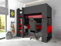 Hoogslaper Gamer Noah Met Bureau En Opbergruimtes - 90 X 200 Cm - Met Led'S - Antraciet En Rood