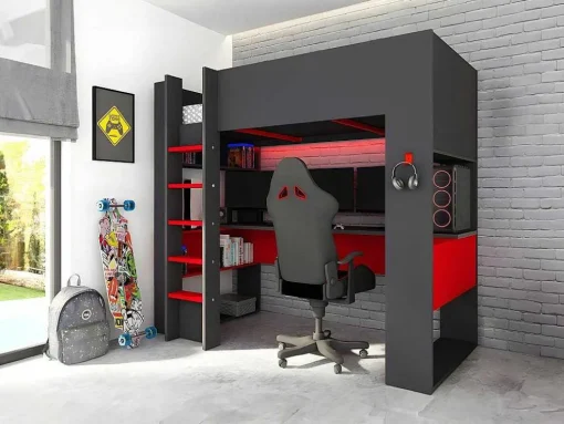 Hoogslaper Gamer Noah Met Bureau En Opbergruimtes - 90 X 200 Cm - Met Led'S - Antraciet En Rood