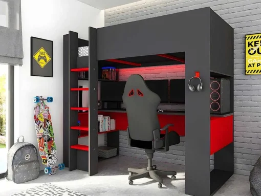 Hoogslaper Gamer Noah Met Bureau En Opbergruimtes - 90 X 200 Cm - Met Led'S - Antraciet En Rood + Matras