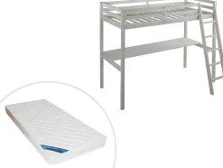 Hoogslaper Gedeon Ii - 90 X 190 Cm - Met Bureau - Massief Grenen - Gebleekt + Matras