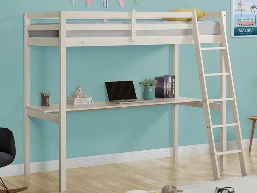 Hoogslaper Gedeon Ii - 90 X 190 Cm - Met Bureau - Massief Grenen - Gebleekt + Matras