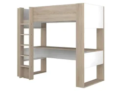 Hoogslaper Met Bureau En Opbergruimte - 90 X 200 Cm - Eik En Wit + Matras - Noah Ii
