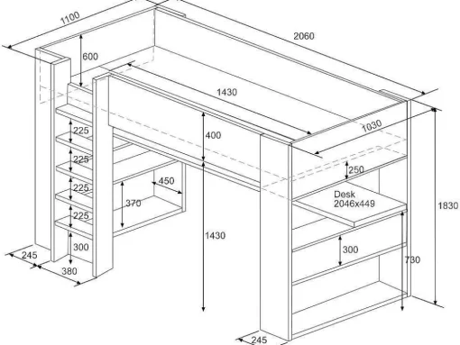 Hoogslaper Met Bureau En Opbergruimte - 90 X 200 Cm - Eik En Wit + Matras - Noah Ii