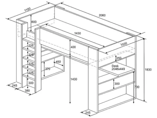 Hoogslaper Met Bureau En Opbergruimte - 90 X 200 Cm - Eik En Wit + Matras - Noah Ii
