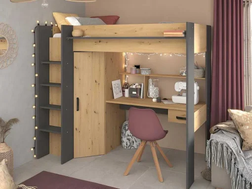 Hoogslaper Met Bureau En Kast - 90X200Cm - Naturel En Antraciet + Matras - Auckland