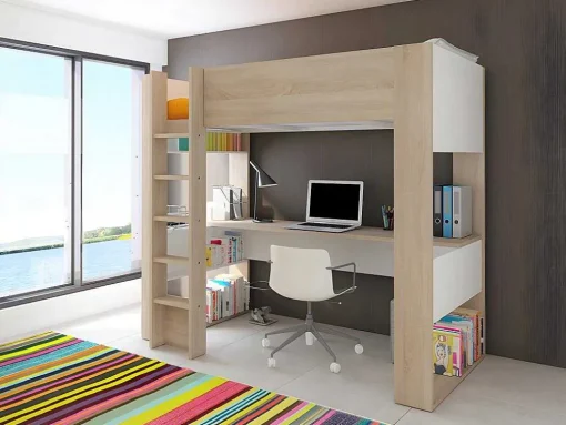 Hoogslaper Met Bureau En Opbergruimte - 90 X 200 Cm - Eik En Wit + Matras - Noah Ii
