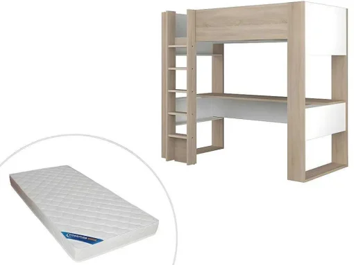 Hoogslaper Met Bureau En Opbergruimte - 90 X 200 Cm - Eik En Wit + Matras - Noah Ii
