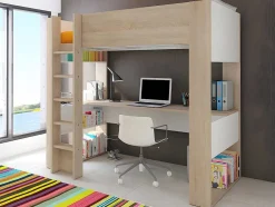 Hoogslaper Met Bureau En Opbergruimte - 90 X 200 Cm - Eik En Wit + Matras - Noah Ii