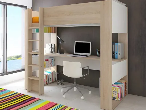 Hoogslaper Met Bureau En Opbergruimte - 90 X 200 Cm - Eik En Wit + Matras - Noah Ii