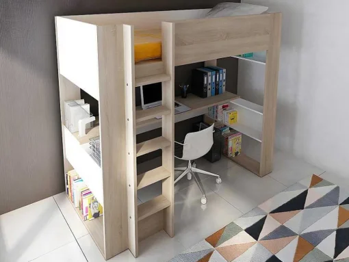Hoogslaper Met Bureau En Opbergruimte - 90 X 200 Cm - Eik En Wit + Matras - Noah Ii
