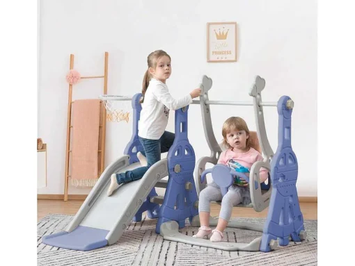 4 In 1 Glijbaan - Met Trap, Schommel, Basketbalring - Blauw