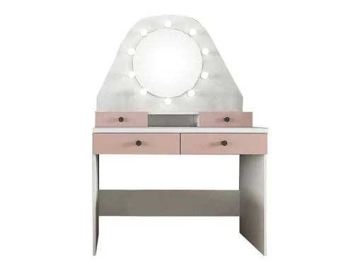 Kaptafel Gabriela - Spiegel Met Ledverlichting En Opbergruimtes - Wit En Roze