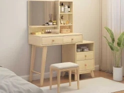 Kaptafel Met Spiegel - 4 Open Vakken En 4 Grote Lades - Naturel (Kruk Niet Inbegrepen)
