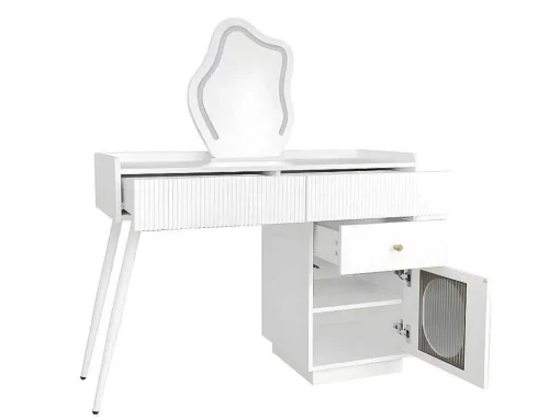 Kaptafel Met Spiegel En Led-Verlichting - 2 Lades En Een Uitneembare Kast - Wit (Kruk Niet Inbegrepen)