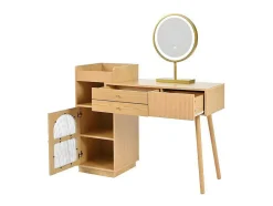 Kaptafel Met Spiegel En Led-Verlichting - 3 Lades En Een Zijkastje - Naturel (Kruk Niet Inbegrepen)