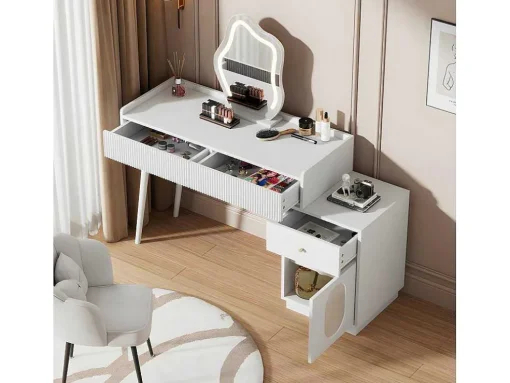Kaptafel Met Spiegel En Led-Verlichting - 2 Lades En Een Uitneembare Kast - Wit (Kruk Niet Inbegrepen)