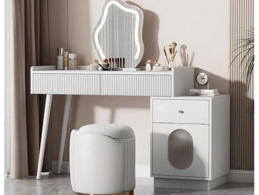 Kaptafel Met Spiegel En Led-Verlichting - 2 Lades En Een Uitneembare Kast - Wit (Kruk Niet Inbegrepen)