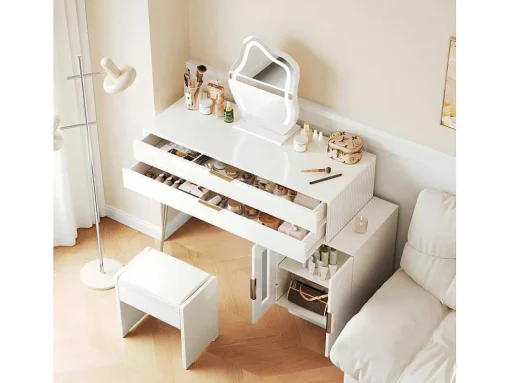 Kaptafel Met Spiegel En Led-Verlichting - 2 Lades En Een Uitneembare Kast - Wit (Kruk Niet Inbegrepen)