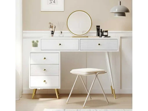 Kaptafel Met Spiegel En Led-Verlichting - 2 Lades En Een Uitneembare Kast - Wit (Kruk Niet Inbegrepen)