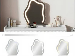 Kaptafel Met Spiegel En Led-Verlichting - 2 Lades En Een Uitneembare Kast - Wit (Kruk Niet Inbegrepen)