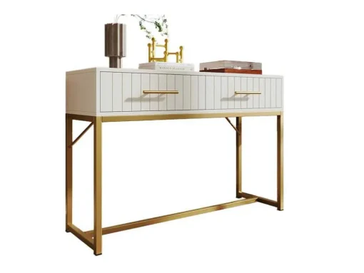 Kaptafel Versierd Met Verticale Strepen - H 75 Cm - Met 2 Laden En Metalen Onderstel - Wit